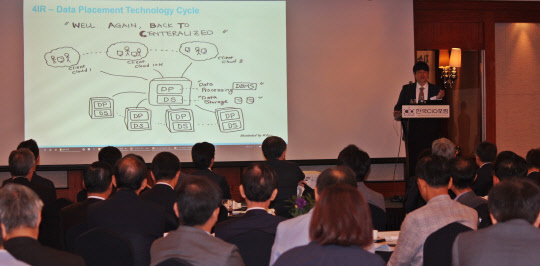 30일 서울 강남구 삼성동 그랜드인터컨티넨탈호델 2층 오키드룸에서 열린 한국정보산업협회 CIO포럼에서  임형진 클러스트릭스(Clustrix) 부사장이 '인공지능 시대의 무한 데이터(Infinite Data) 패러다임 가능성'에 대해 강연하고 있다. 에머슨 케이 파트너스 제공